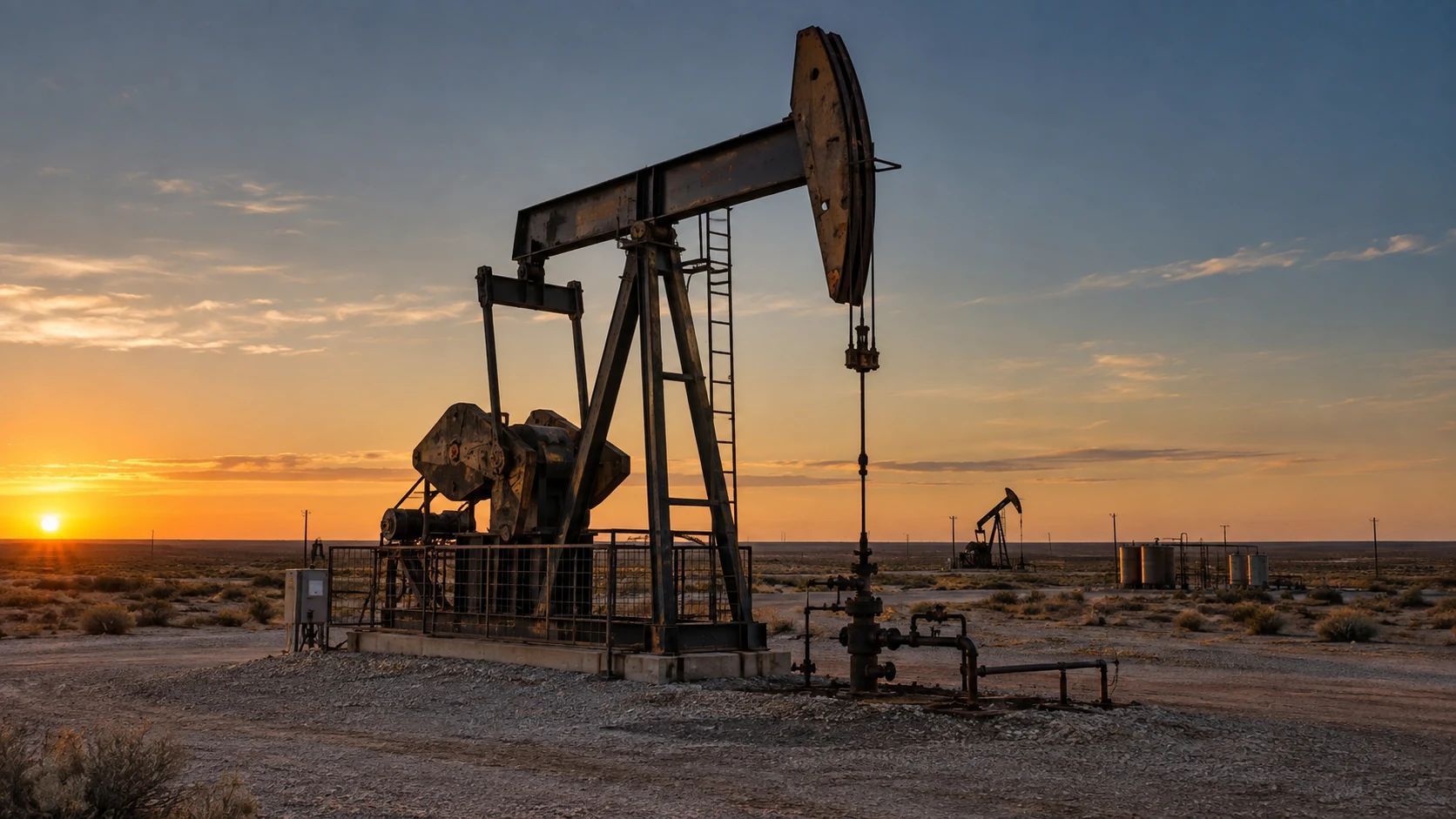 Illustrative onshore oil field with a pumpjack at sunset