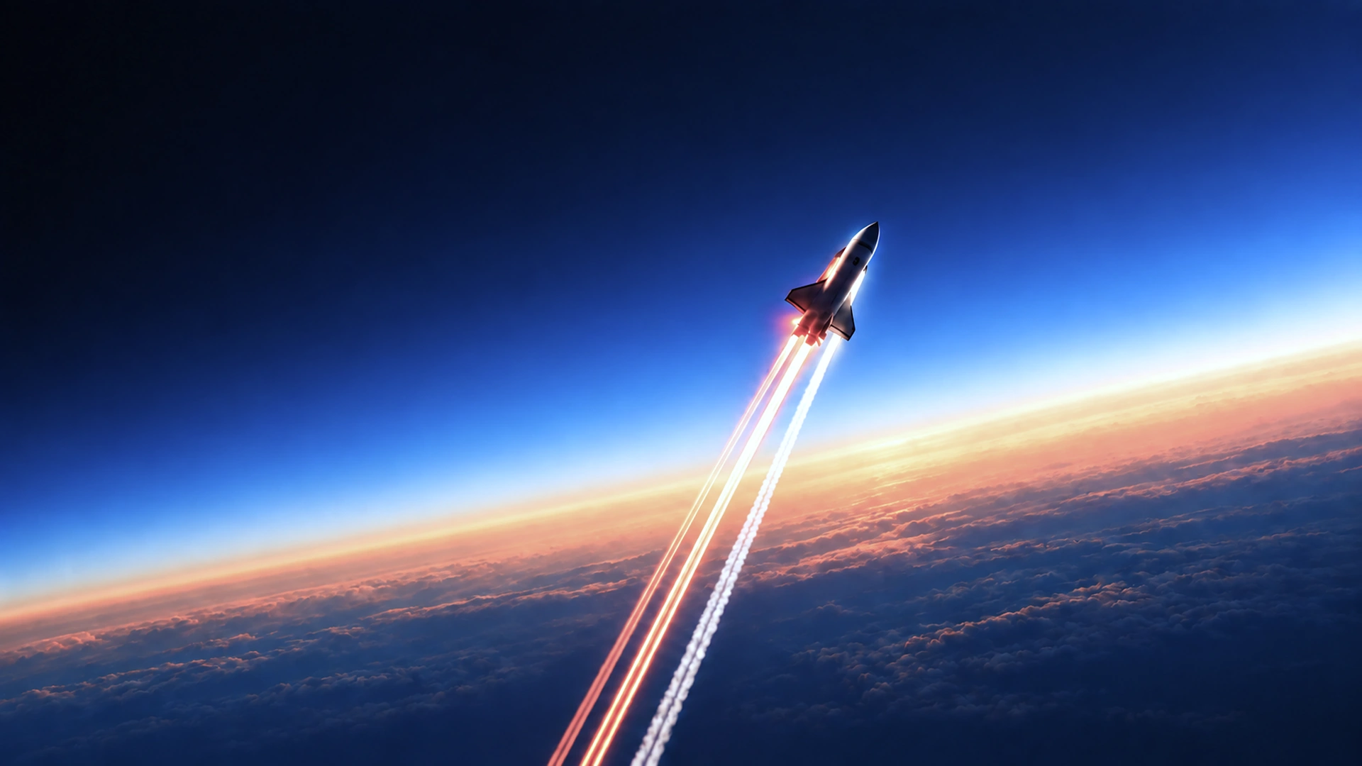 A spacecraft climbing above Earth’s horizon